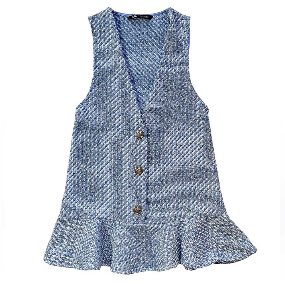 Zara Blue Tweed Pinafore Mini Dress Blogger Favorite Parisian Preppy Chic XS